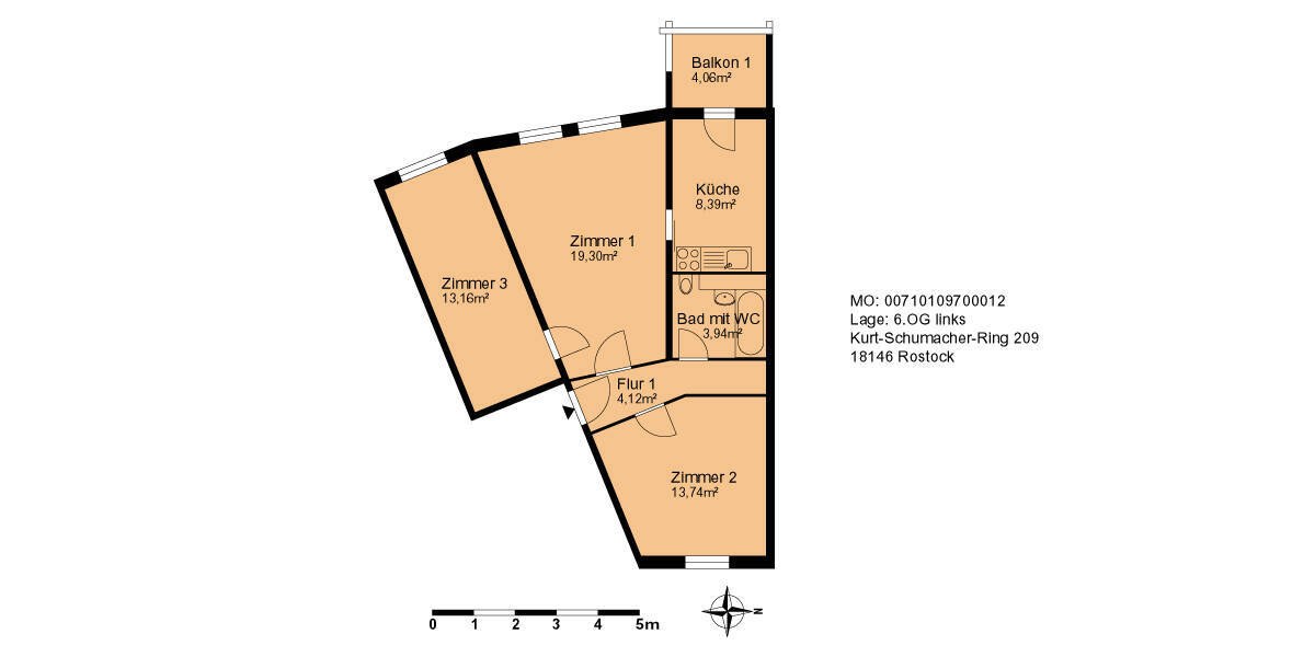 Etagenwohnung Rostock Dierkow-Neu - 3 Zimmer, 66 m&sup2;, 395&euro; | Angebot:26344206
