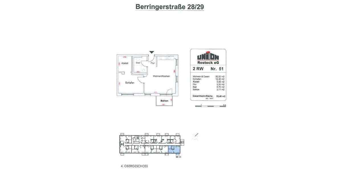 Etagenwohnung Rostock Dierkow - 2 Zimmer, 53 m&sup2;, 480&euro; | Angebot:25274112