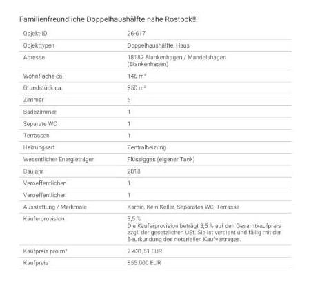 Doppelhaushälfte Bentwisch - 5 Zimmer, 146 m&sup2;, 355.000&euro; | Angebot:26517548