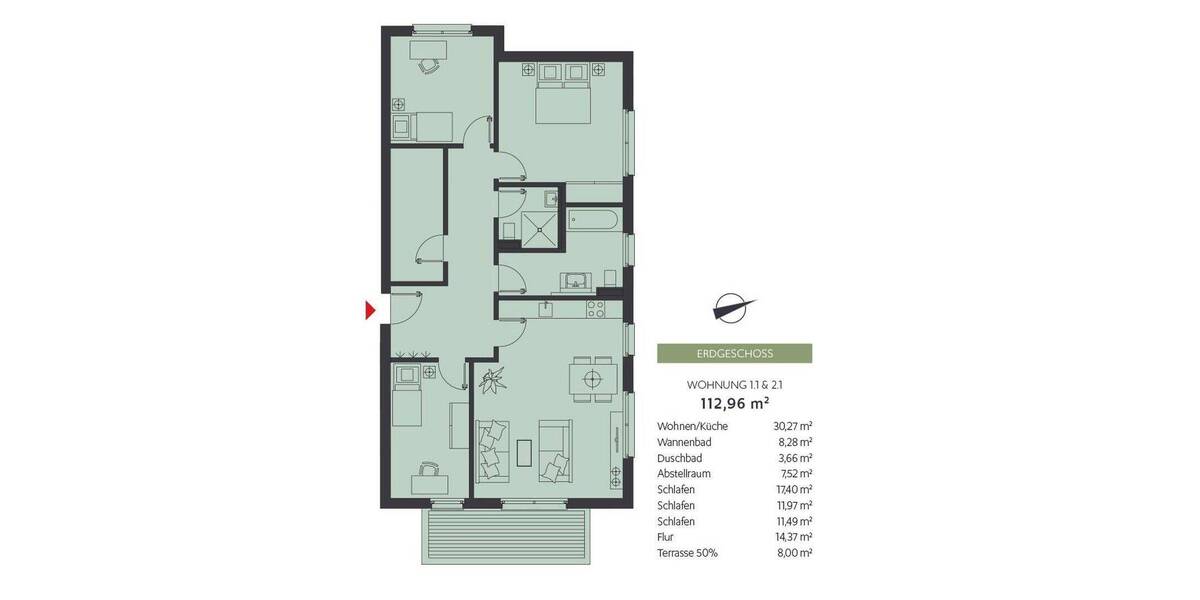 Terrassenwohnung Bentwisch - 4 Zimmer, 113 m&sup2;, 435.000&euro; | Angebot:26882886